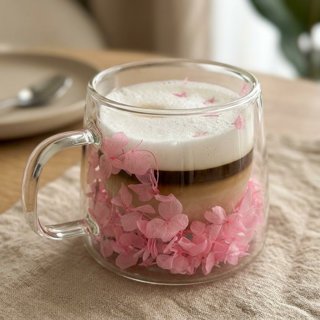 ماگ شیشهای دوجداره گلدار با طرح گلبرگ صورتی