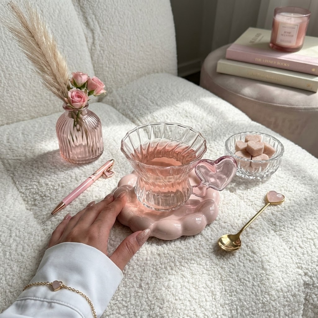 ماگ لاتهخوری پیرکس دسته قلبی صورتی ۳۵۰ میل